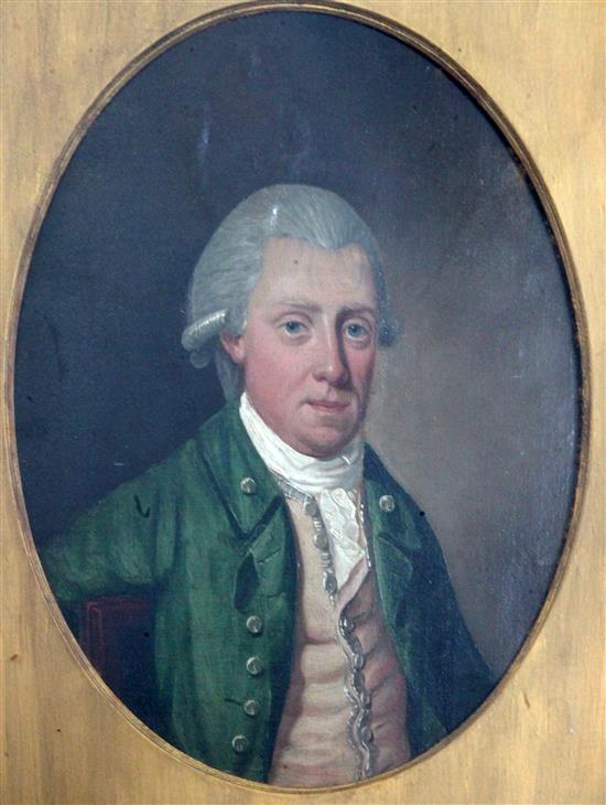 English School c.1780 Portrait of a gentleman wearing a green coat, oval, 12.5 x 9.5in.